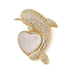 Настоящее золото 18K Латунные микропаве прозрачные подвески с фианитом, без кадмия и без свинца, с оболочкой, сердце и рыба, реальный 18 k позолоченный, 22x19x8 мм, отверстие : 6.5 мм