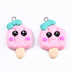 Pink Handmade Polymer Clay Charms, with Platinum Tone Iron Findings, Ice Cream, Pink, 32~33.5x19~20x7mm, Hole: 2mm