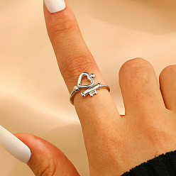 Платина Латунные манжеты открытые кольца для женщин, Сердце ключевых, платина, 18 мм