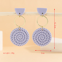 Плоский Круглый Серьги-гвоздики с подвесками из полимерной глины, сплава и дерева., золотые, сирень, плоско-круглые, 62x30 мм