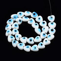 White Handmade Evil Eye Lampwork Beads Strands, Heart, White, 12~12.5x12~13x7.5mm, Hole: 1.2mm, about 33pcs/strand, 14.76 inch(37.5cm)