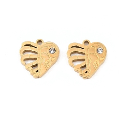 Настоящее золото 18K 304 из нержавеющей стали горный хрусталь подвески, сердце прелести, ионное покрытие (ip), реальный 18 k позолоченный, 13x13x2 мм, отверстие : 1.5 мм