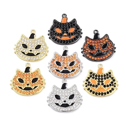 Mixed Color Rack Plating Brass Cubic Zirconia Pendants, Lead Free & Cadmium Free, Cat Charm, Mixed Color, 19.5x20x1.7mm, Hole: 1.2mm