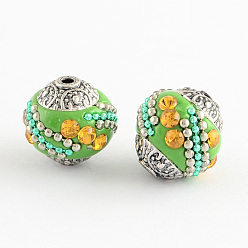 Светло-зеленый Индонезийские бусины ручной работы, со светлыми топазами и стразами из сплава, круглые, античное серебро, светло-зеленый, 14~16x14~16 мм, отверстие : 1.5 мм