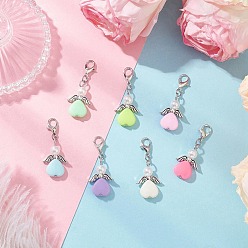 Античный Серебристый & Платиновый Подвеска в форме сердца ангела из АБС-пластика с имитацией жемчуга и акрила, Сплав с застежками когтя омара, старинное серебро и платина, 37.5 мм