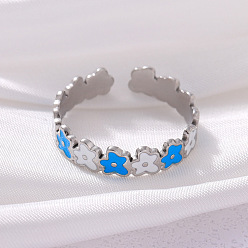 Dodger Blue 304 Stainless Steel Open Cuff Rings, Flower, with Enamel, Stainless Steel Color, Dodger Blue, 20mm