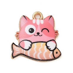 Темно-Розовый Стойки обшивки сплава эмали подвески, золотые, кот с подвеской в виде рыбки, темно-розовыми, 18x18x3 мм, отверстие : 2 мм