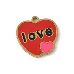 Красный 304 из нержавеющей стали шармы эмали, реальный 18 k позолоченный, сердце со словом любовь очарование, красные, 13x13x1 мм, отверстие : 1.2 мм