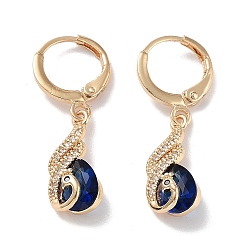 Dark Blue Golden Brass Dangle Leverback Earrings, with Cubic Zirconia and Glass, Peacock, Dark Blue, 31x8mm