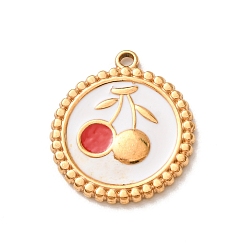 Golden 304 Stainless Steel Enamel Pendants, Flat Round with Cherry Pattern Charms, Golden, 21x19x2mm, Hole: 1.5mm
