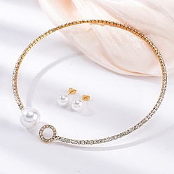 Золотой Круглые пластиковые серьги-гвоздики с имитацией жемчуга и комплекты колье-чокеров с кубическим цирконием и стразами, 304 комплект украшений из нержавеющей стали для женщин, золотые, внутренний диаметр: 4.43 дюйм (112.5 мм)