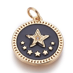 Золотой Латунные подвески эмали пентакль, с кубического циркония, плоские круглые со звездой, чёрные, золотые, 18x16x2 мм, отверстие : 3.5 мм