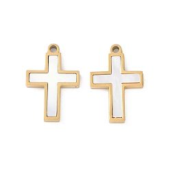 Белые Ракушки Ионное покрытие (ip) 304 подвески из нержавеющей стали, подвески-крестики из натуральной белой ракушки, реальный 18 k позолоченный, 16.9x11.5x1.8 мм, отверстие : 1.4 мм