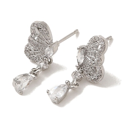 Platinum Brass Stud Earrings, Cubic Zirconia, Cadmium Free & Lead Free, Butterfly, Platinum, 21x7.5mm