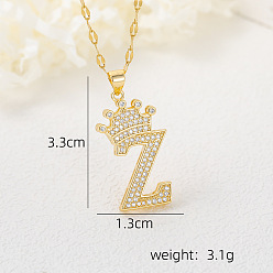 Letter Z Хип-хоп латунные микропаве кубические цирконии корона инициал подвеска ожерелья, 304 ожерелья из нержавеющей стали с цепочкой для женщин, золотые, Письмо Z, 15.75 дюйм (40 см)