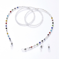 Platinum & Golden Glasses Neck Cord, Strap Eyeglass String Holder, with Evil Eye Lampwork Beads, Glass Seed Beads and Rubber Loop Ends, Platinum & Golden, 31.1 inch(79cm)