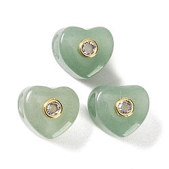 Aventurina Verde Cuentas verdes aventurina verdes naturales, corazón cuentas grandes hoyos, con detalles de latón dorado micro pavé de circonita cúbica transparente, 12.5~13x13~14x12~13 mm, agujero: 5.5 mm