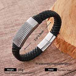Rectangle Vintage 304 Stainless Steel Black Braided PU Leather Cord Bracelets for Men, with Magnetic Clasps, Stainless Steel Color, Rectangle, Inner Diameter: 2.76 inch(7cm)
