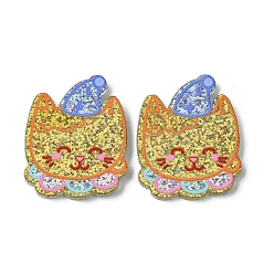 Cat Shape Смола декодирует кабошоны, с пайетками/блестящими пайетками, форма кошки, 24.5x20.5x2 мм