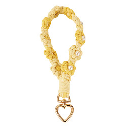 Шампанско-Желтый Подвесные украшения из хлопчатобумажных плетеных цветов, с застежками в виде сердечек из сплава и пластиковыми бусинами, шампанское желтый, 200 мм