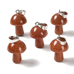 Goldstone Synthetic Goldstone Pendants, Mushroom Charms, with 304 Stainless Steel Snap on Bails, Stainless Steel Color, 24~25x16mm, Hole: 7.5x4mm