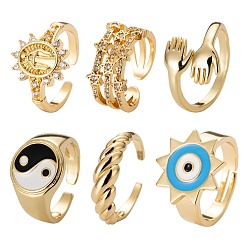 Настоящее золото 16K 6 шт 6 стили регулируемые латунные манжеты, открытые кольца, долговечный, звезда, объятие, поворот и солнце с глазом, овал и сплетни / инь янь, реальный 16 k позолоченный, внутренний диаметр: 17~18.5 мм, 1 шт / стиль