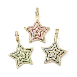 (52) Непрозрачная лаванда Латунные микропаве прозрачные подвески с фианитом, звезда, без свинца и без кадмия, долговечный, стойки покрытие, реальный 18 k позолоченный, разноцветные, 33.5x32.5x4 мм, отверстие : 8.5x5 мм