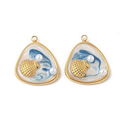 Треугольник 304 нержавеющей стальной эмали подвески, с абс пластмассовой имитационной жемчужиной, ионное покрытие (ip), реальный 18 k позолоченный, формы раковины, треугольные, 19x16.5x4.5 мм, отверстие : 1.5 мм