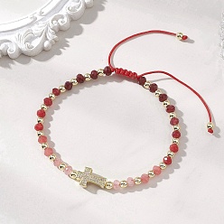 Красный Браслеты из окрашенного натурального малазийского нефрита в форме ронделей, плетеные из бусин., Женские украшения с крестом из латуни с микропаве из кубических цирконий, красные, внутренний диаметр: 2.15~3.27 дюйм (5.45~8.3 см)