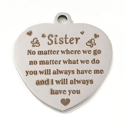 Нержавеющая Сталь Цвет Не тускнеющие 201 подвески из нержавеющей стали, Подвески-послания на семейную тему, сердце со словами-подвесками, цвет нержавеющей стали, 30.5x29x2 мм, отверстие : 3 мм