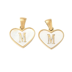 Letter M 304 сердце из натуральной белой ракушки из нержавеющей стали с подвесками в виде инициалов, ионное покрытие (ip), золотые, Буква М, 14x16x2 мм, отверстие : 4.5x3 мм