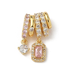 Настоящее золото 18K Прямоугольные подвески из латуни с розовым паве и прозрачными кубическими цирконами, реальный 18 k позолоченный, 23x14x7.5 мм, отверстие : 4x5 мм