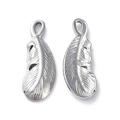 Stainless Steel Color Non-Tarnish 304 Stainless Steel Pendants, Feather Charm, Stainless Steel Color, 20x7x2mm, Hole: 1x2mm