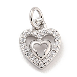 Платина Сердце из латуни с подвесками из циркония, с прыжковых колец, долговечный, без свинца и без кадмия, платина, 11.5x9x2 мм, отверстие : 3 мм
