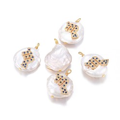 Scorpio Natural Cultured Freshwater Pearl Pendants, with Brass Micro Pave Cubic Zirconia Findings, Nuggets with Constellation, Golden, Marine Blue, Scorpio, 17~22x11~16x5~11mm, Hole: 1.6mm