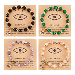 Смешанные камни 4 шт. 4 стильные браслеты из бисера и синтетических смешанных драгоценных камней, растянутые бисером, набор, штабелируемые браслеты с подвесками в виде конского глаза из сплава, внутренний диаметр: 2 дюйм (5 см), 1 шт / стиль