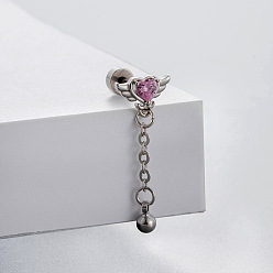 Сердце Серьги-гвоздики с розовыми кубическими цирконами из латуни, с 304 штифтов из нержавеющей стали, цвет нержавеющей стали, сердце, Длина стержня: 6мм, штифты : 0.8 мм, Руководитель: 4 mm