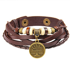 Balance 12 bracelets de constellation, cordon en cuir avec les accessoires en laiton, plat rond, libra, 8-5/8 pouce (22 cm)