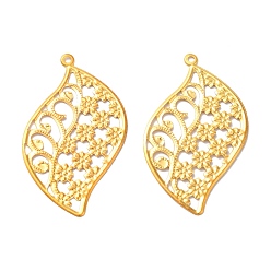 Golden Iron Pendants, Etched Metal Embellishments, Leaf Charm, Golden, 48.5x30.5x1mm, Hole: 1.8mm