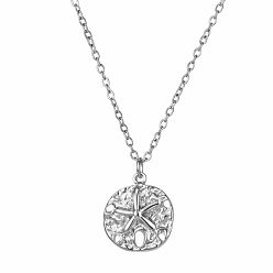 Stainless Steel Color Summer Ocean 304 tainless Steel Starfish Coin Pendant Necklaces for Women, Tarnish Free, Stainless Steel Color, 17.72 inch(45cm)
