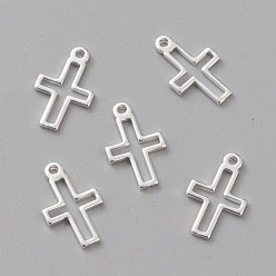 Посеребрённый Латунные крошечные крестики, долговечный, 925 серебро покрытием, 12.5x8x1 мм, отверстие : 1 мм