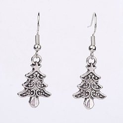 Antique Silver Alloy Dangle Earrings, Christmas Tree, Antique Silver, 38.5mm, 22x14x2mm, Pin: 0.6mm