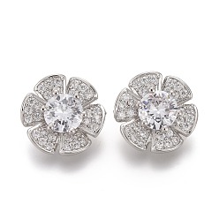 Платина Пуговицы на хвостовике из латуни с микропейвом и прозрачным кубическим цирконием, цветок, платина, 13x12x6.5 мм, отверстие : 1.5 мм