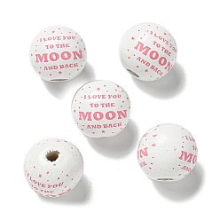 Light Coral Printed Wood European Beads, Round with Word Pattern, Light Coral, 15.5~16mm, Hole: 4~4.5mm