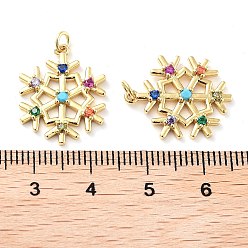 Real 18K Gold Plated Rack Plating Brass Micro Pave Colorful Grade AAA Cubic Zirconia Pendants, with Jump Ring, Long-Lasting Plated, Cadmium Free & Lead Free, Snowflake, Real 18K Gold Plated, 19x16x2.5mm, Hole: 2mm