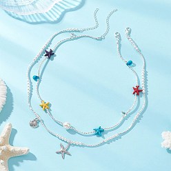 Разноцветный Двухслойные ожерелья из круглого жемчуга и окрашенной искусственной бирюзы с морскими звездами и латунных изогнутых трубчатых бусин, 304 ожерелья с подвесками в виде морских звезд, серебряный цвет гальваническим, красочный, 17.01~18.74 дюйм (43.2~47.6 см), 2 шт / комплект