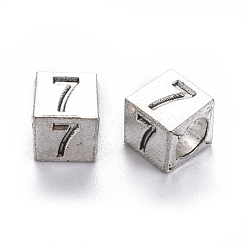 Number Сплавочные европейские бусины, бусины с большим отверстием, куб с номером, античное серебро, кол. 7, 7x7x7 мм, отверстие : 5 мм