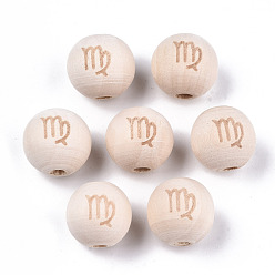 Virgo Unfinished Natural Wood European Beads, Large Hole Beads, Laser Engraved Pattern, Round with Constellation, Virgo, 15~16x14~15mm, Hole: 4mm