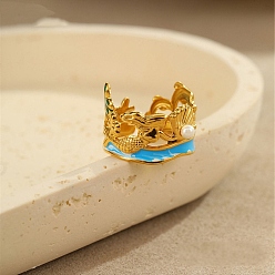 Настоящее золото 18K 304 открытые манжеты из нержавеющей стали, русалка, с эмалью и искусственным жемчугом из АБС для женщин, без кадмия, без никеля и без свинца, ионное покрытие (ip), реальный 18 k позолоченный, регулируемый, 15.5 мм