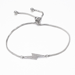 Platinum Adjustable Brass Micro Pave Cubic Zirconia Flash Slider Bracelets, Bolo Bracelets, Lightning Bolt, Platinum, 10-1/4 inch(260mm), 1.2mm